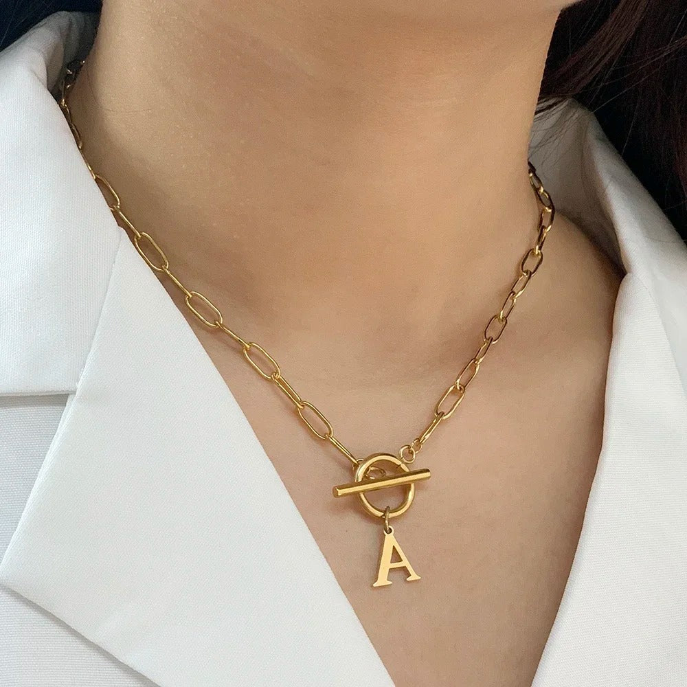 Ganelle™ Necklace with Circular Padlock Closure and Initial in Paperclip Shape