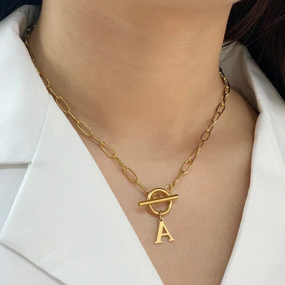 Ganelle™ Necklace with Circular Padlock Closure and Initial in Paperclip Shape