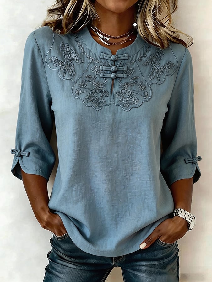 Della™ Women's Cotton and Linen Floral Top