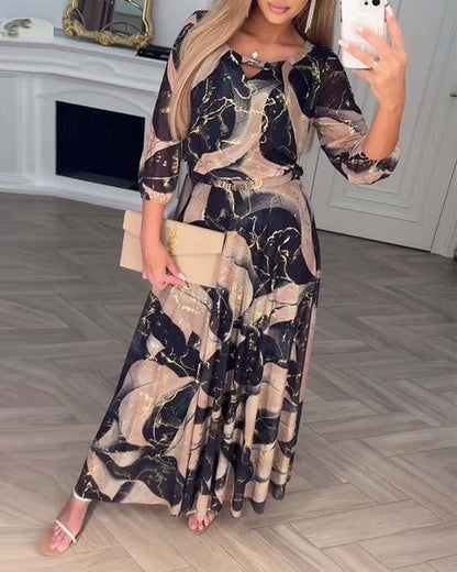 Wynoria™ Elegant Maxi Dress Golden Marble Print