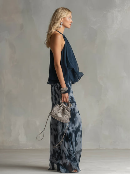 Isolde™ Elegant Chiffon Set with High Neck Top and Wide Leg Printed Pants