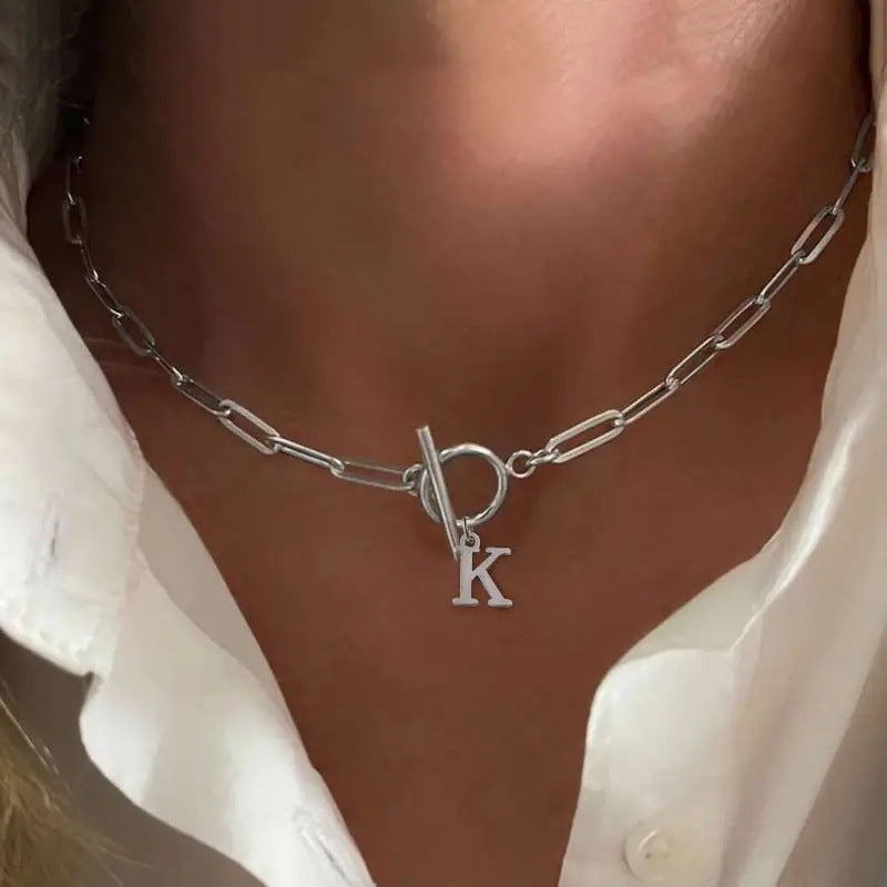 Ganelle™ Necklace with Circular Padlock Closure and Initial in Paperclip Shape