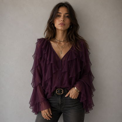 Hensira™ Gray Bohemian Blouse with Ruffles