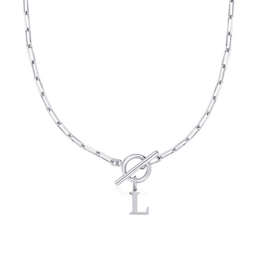 Ganelle™ Necklace with Circular Padlock Closure and Initial in Paperclip Shape