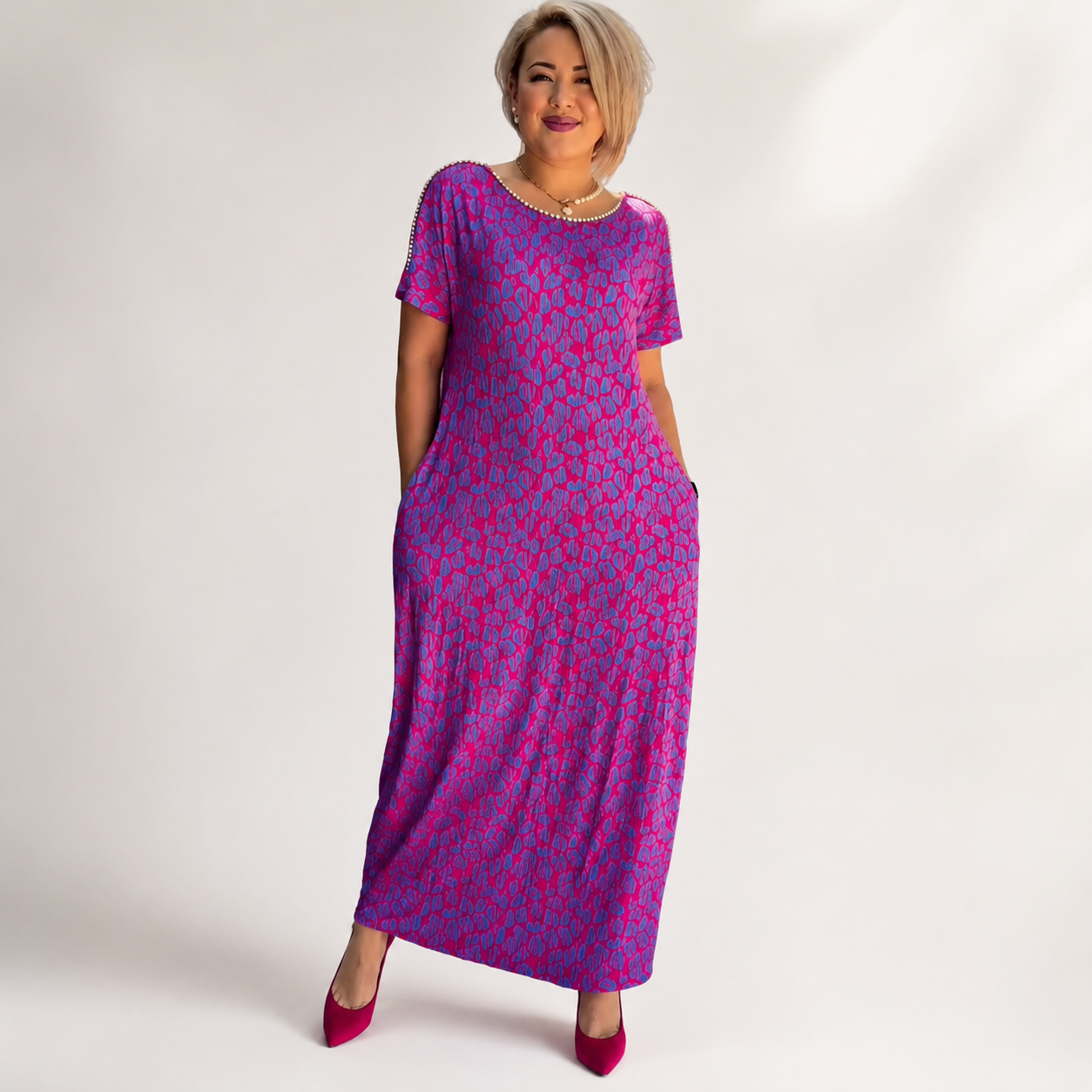 Leni™ Pink and Purple Floral Print Dress with Diamond Neckline