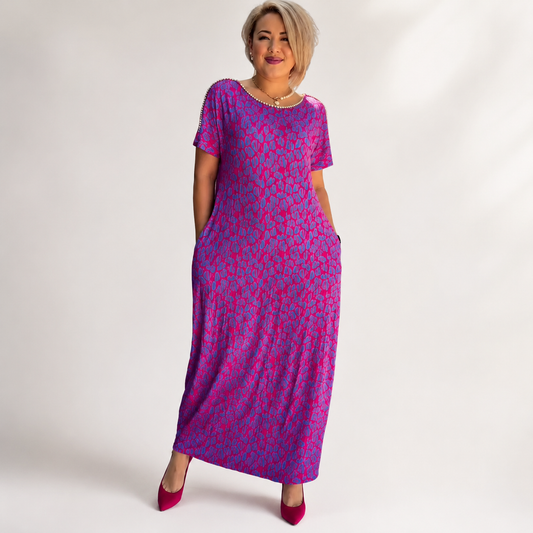 Leni™ Pink and Purple Floral Print Dress with Diamond Neckline