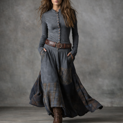 Elira™ Vintage Long Suede Checkered Dress (with Belt)
