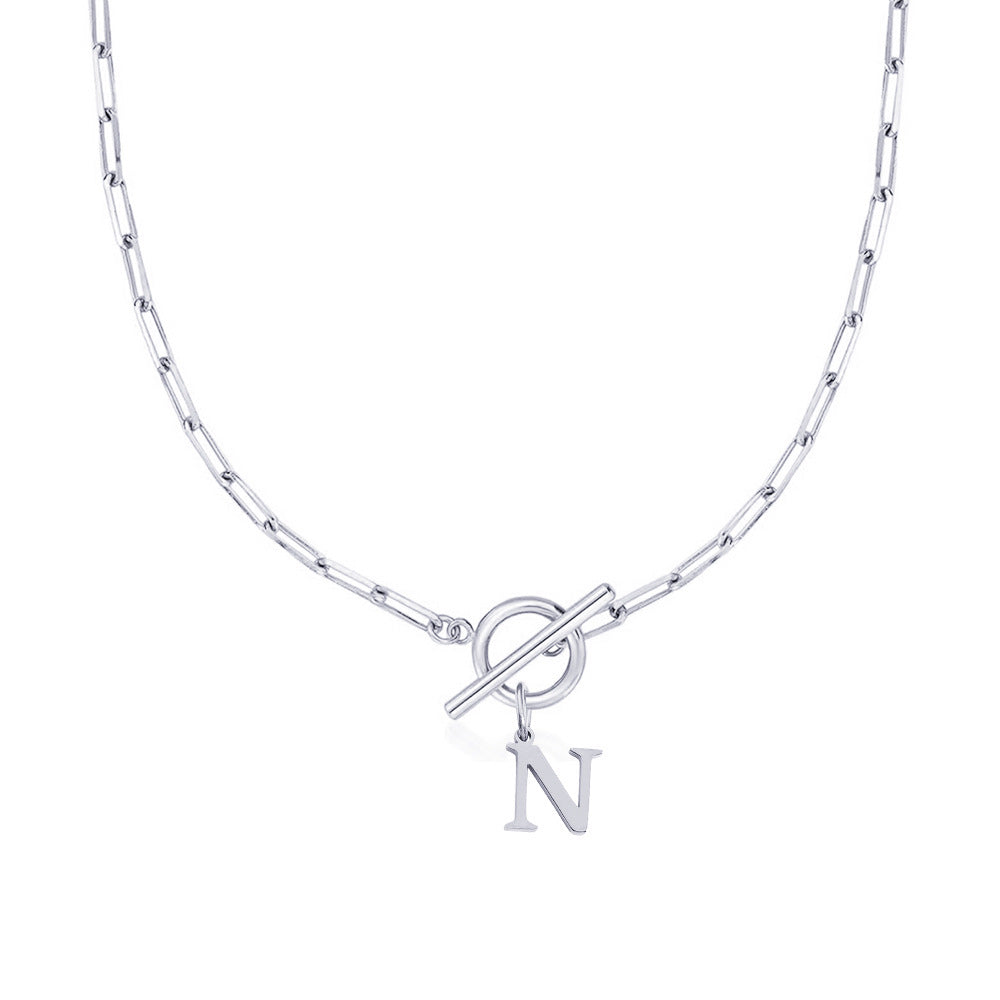 Ganelle™ Necklace with Circular Padlock Closure and Initial in Paperclip Shape