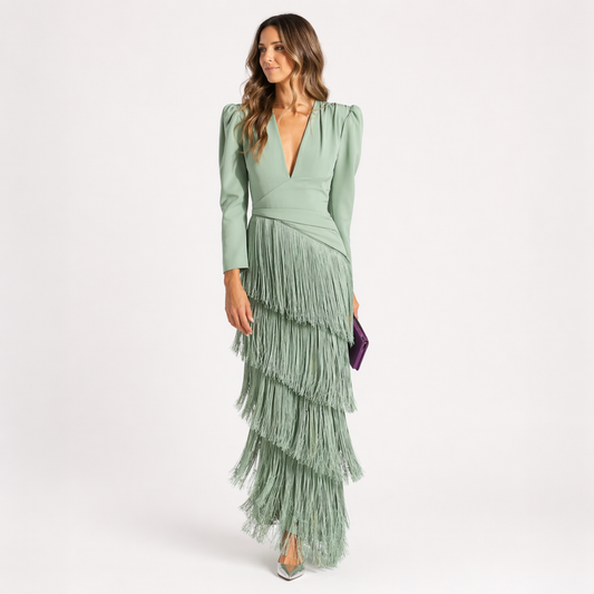 Sienna™ Elegant Dress with Fringe Sleeves