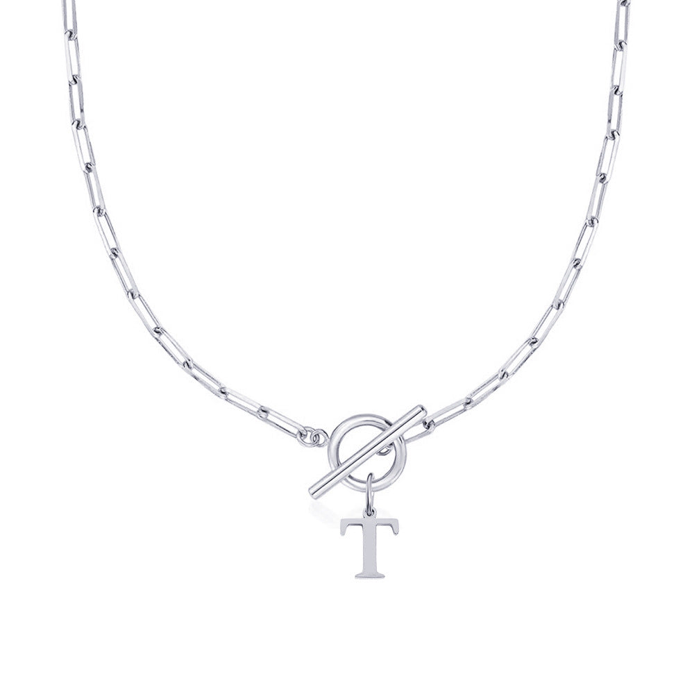 Ganelle™ Necklace with Circular Padlock Closure and Initial in Paperclip Shape
