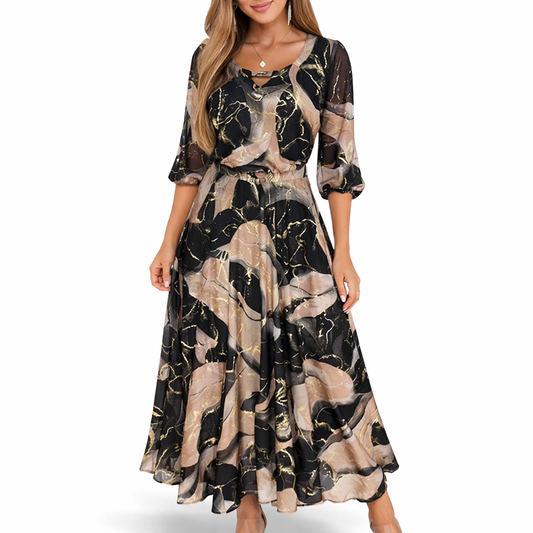 Wynoria™ Elegant Maxi Dress Golden Marble Print