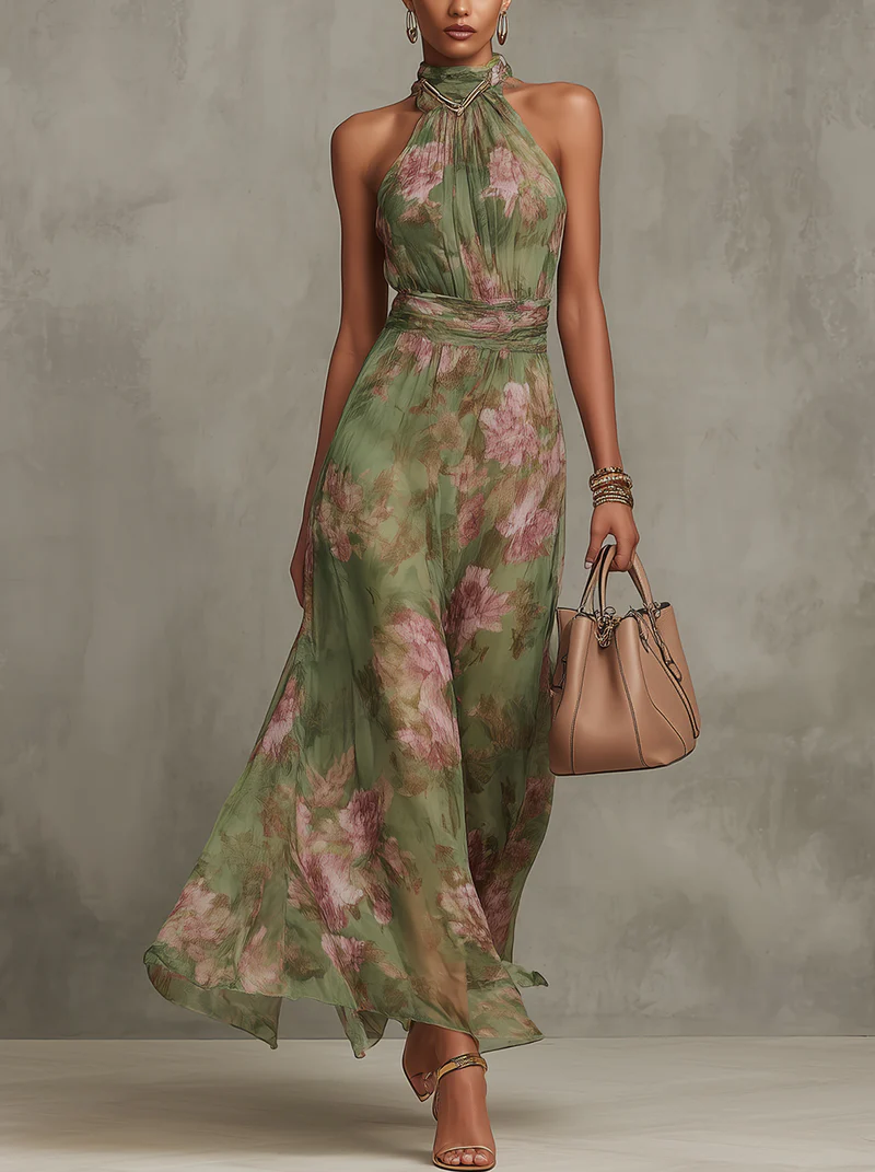 Aria™ Floral Chiffon Halter Maxi Dress in Green