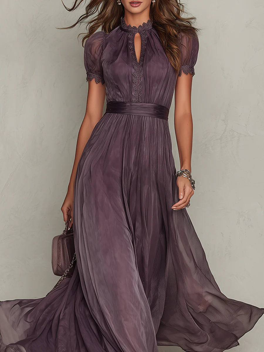 Bellamy™ Long Purple Dress with Keyhole Neckline and Chiffon Lace Trim