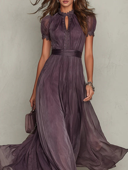 Bellamy™ Long Purple Dress with Keyhole Neckline and Chiffon Lace Trim