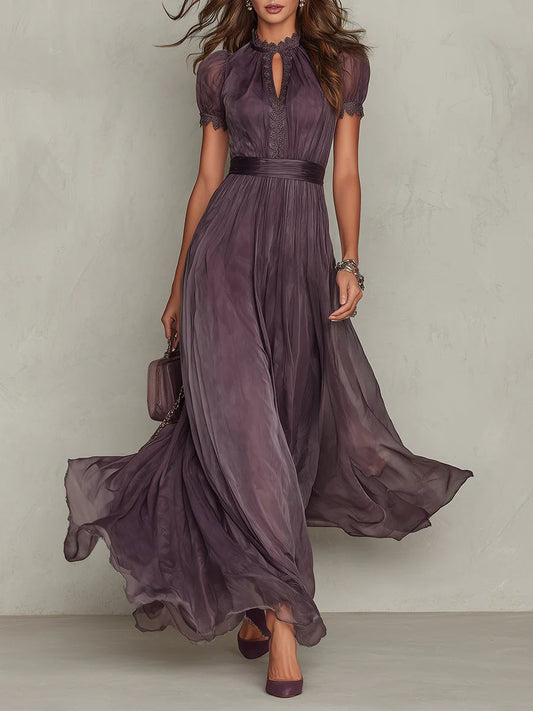 Bellamy™ Long Purple Dress with Keyhole Neckline and Chiffon Lace Trim