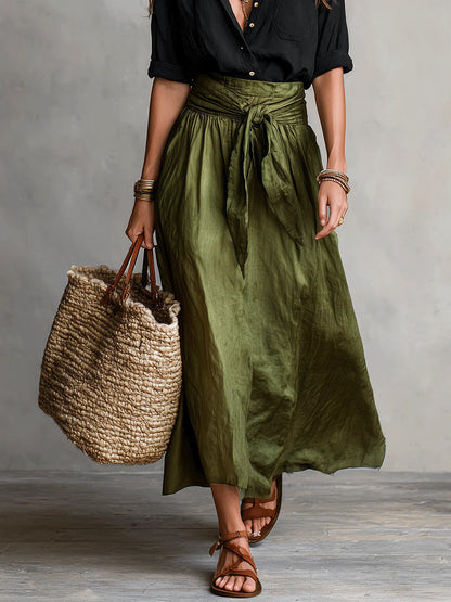 Yvette™ Two-Piece Set: Black Top and Olive Green Midi Skirt