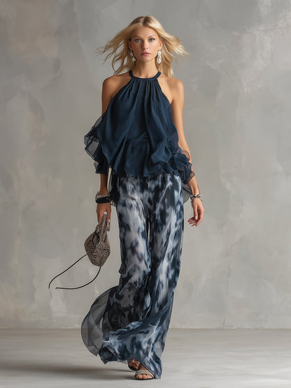 Isolde™ Elegant Chiffon Set with High Neck Top and Wide Leg Printed Pants