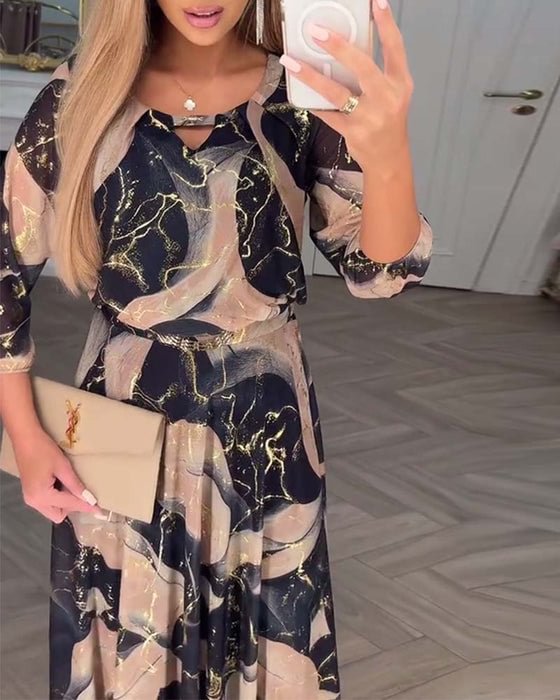 Wynoria™ Elegant Maxi Dress Golden Marble Print